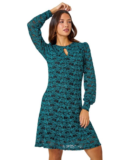 Roman Blue Stretch Lace Sparkle Swing Dress