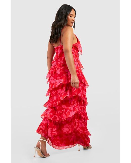 Boohoo Red Plus Floral Frill Plunge Ruffle Maxi Dress