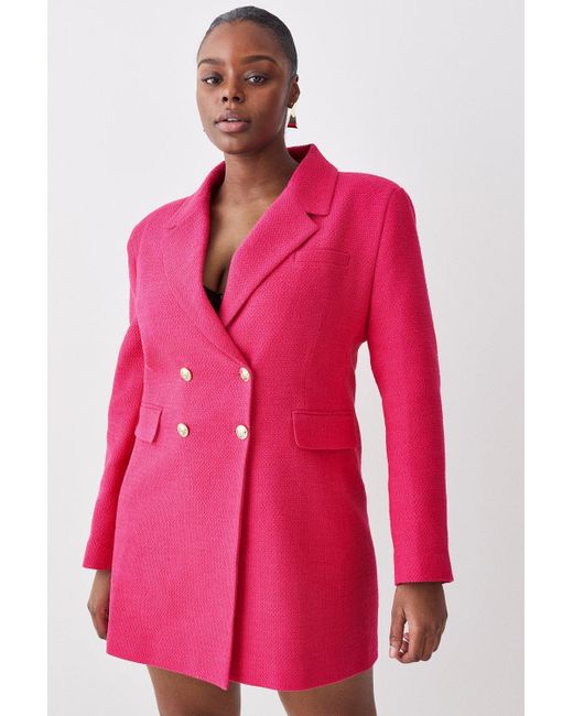 Karen Millen Pink Plus Size Boucle Double Breasted Long Sleeve Blazer Mini Dress