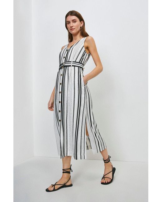 Karen Millen White Stripe Linen Viscose Button Through Dress
