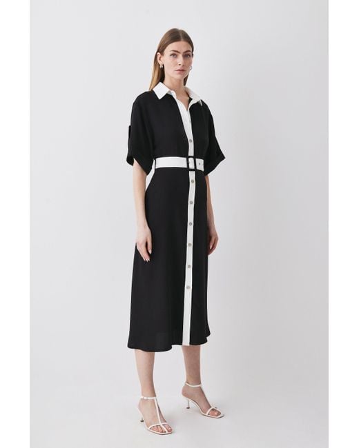 Karen Millen Black Soft Tailored Contrast Collar Belted Midi Shirt Dress