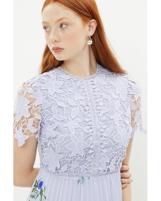 Coast Blue Corded Lace Top Pleat Skirt Print Midi Dress