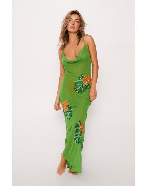 Nasty Gal Green Tropical Palm Embellished Cowl Maxi Cover Up Dress