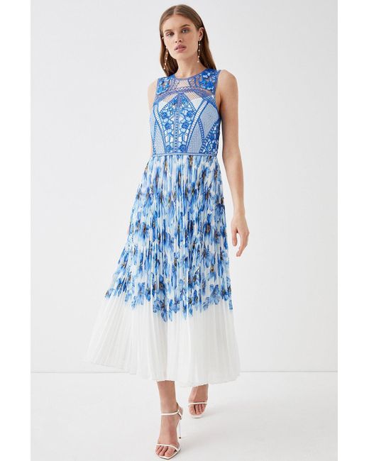 Coast Blue Premium Lace Top Dress With Pleated Skirt & Trims