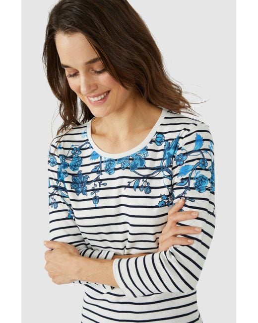MAINE Blue Trailing Floral Yoke Striped Scoop Neck Top