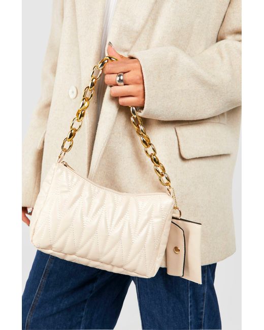 Boohoo Natural Quilted Chain Shoulder Bag