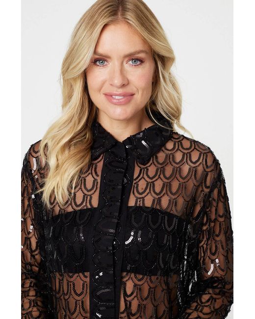 Izabel London Black Embellished Long Sleeve Sheer Shirt