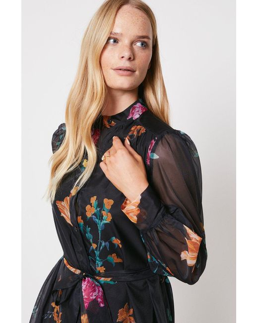 Oasis Black Multi Floral Organza Belted Midi Shirt Dress
