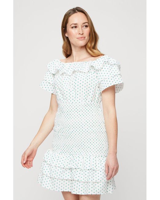 Dorothy Perkins White Green Spot Ruffle Mini Dress
