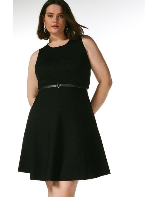 Karen Millen Black Plus Size Sleeveless Belted Knit Skater Dress