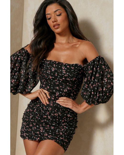 MissPap Black Floral Mesh Ruched Puff Sleeve Mini Dress