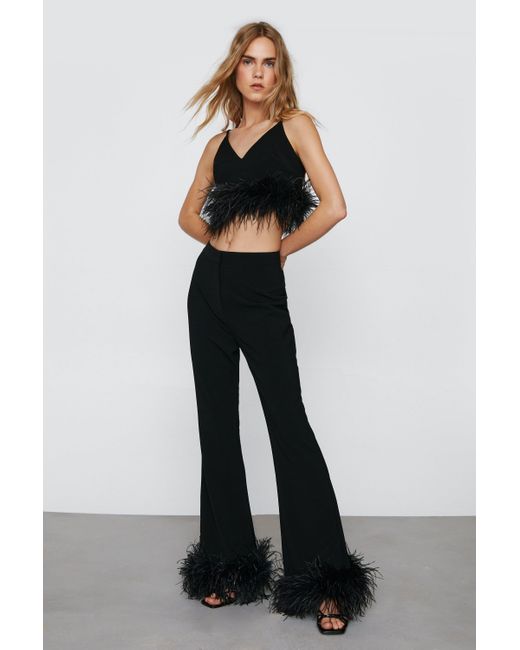 Nasty Gal Multicolor Feather Trim Kick Flare Trousers
