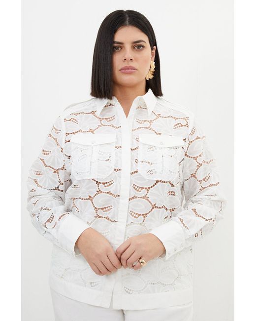 Karen Millen White Plus Size Cotton Cutwork Woven Shirt