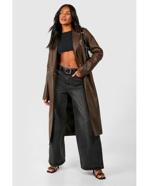 Boohoo Brown Vintage Look Faux Leather Midaxi Jacket