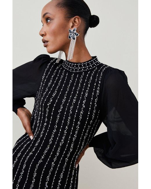 Karen Millen Black Linear Crystal Embellished Knit Midaxi Dress