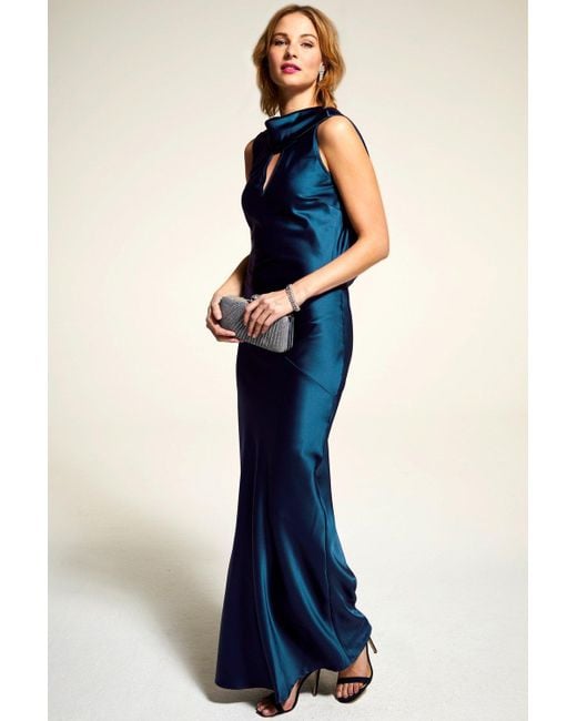 Hot Squash Blue Silky Gown With Cowl Neck