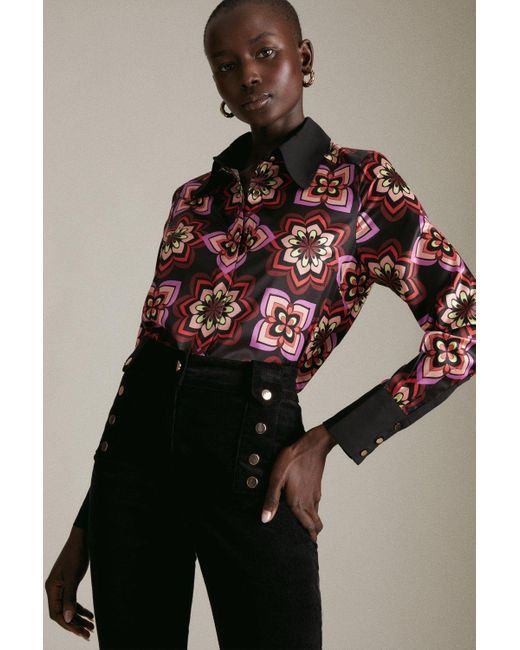 Karen Millen Black 70's Tile Print Woven 70s Collar Shirt