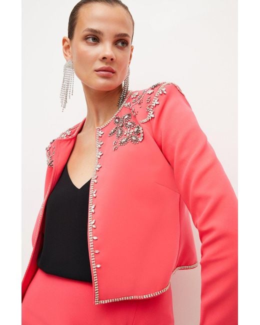 Karen Millen Red Crystal Embellished Cady Woven Jacket