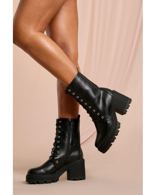 MissPap Black Lace Up Chunky Heeled Ankle Boot