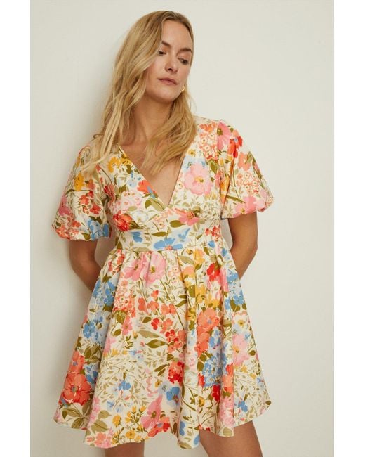 Oasis Natural Pretty Floral Scuba Puff Sleeve Skater Dress