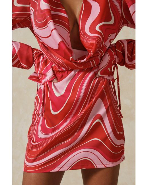MissPap Red Satin Marble Print Drape Mini Dress