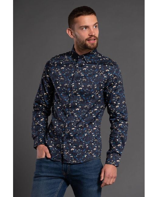 Nines Blue Cotton Floral Print Long Sleeve Shirt for men