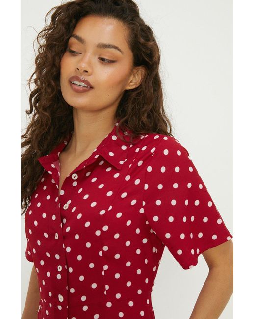 Dorothy Perkins Petite Red Spot Angel Sleeve Midi Shirt Dress