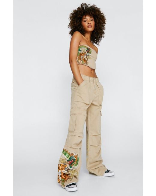 Nasty Gal Natural Dragon Embroidered Wide Leg Cargo Pants