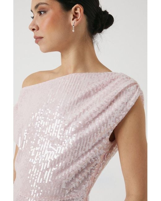 Coast Pink Sheer Sequin Fallen Shoulder Bridesmaids Dress