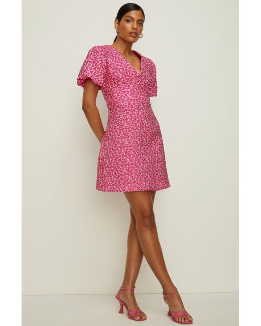 Oasis Pink Floral Jacquard Puff Sleeve Mini Dress