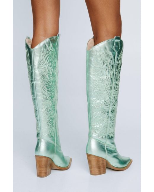 Nasty Gal Green Leather Metallic Butterfly Embroidery Knee High Cowboy Boots