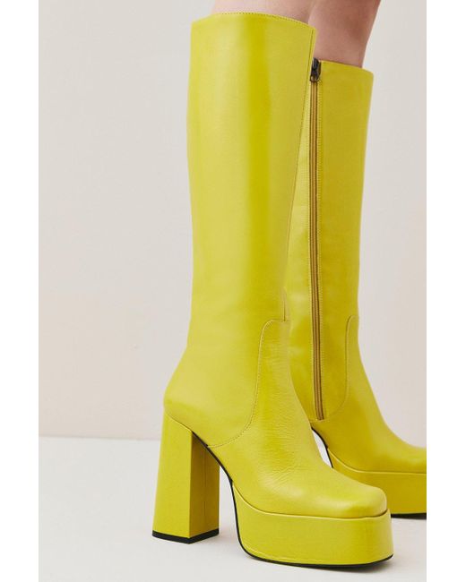 Karen Millen Yellow Leather Platform Knee High Boot