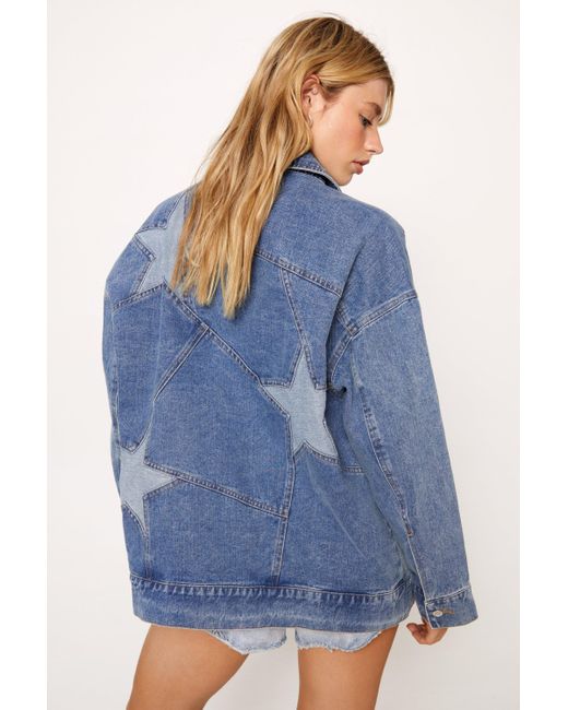 Nasty Gal Blue Color Block Star Detail Oversized Denim Jacket