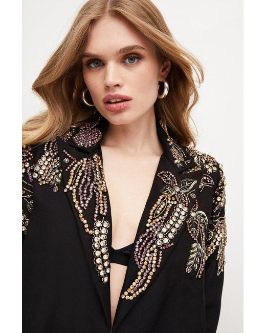 Karen Millen Black Crystal Embellished Linen Twill Crop Jacket
