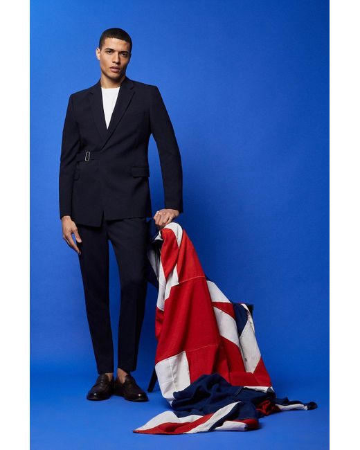 Burton Blue Slim Fit Navy Belted Suit Jacket for men