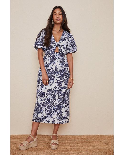 Oasis Blue Tie Front Floral Printed Midi Dress