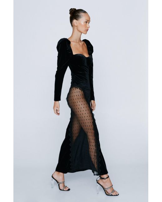 Nasty Gal Black Petite Lace Insert Velvet Puff Sleeve Maxi Dress