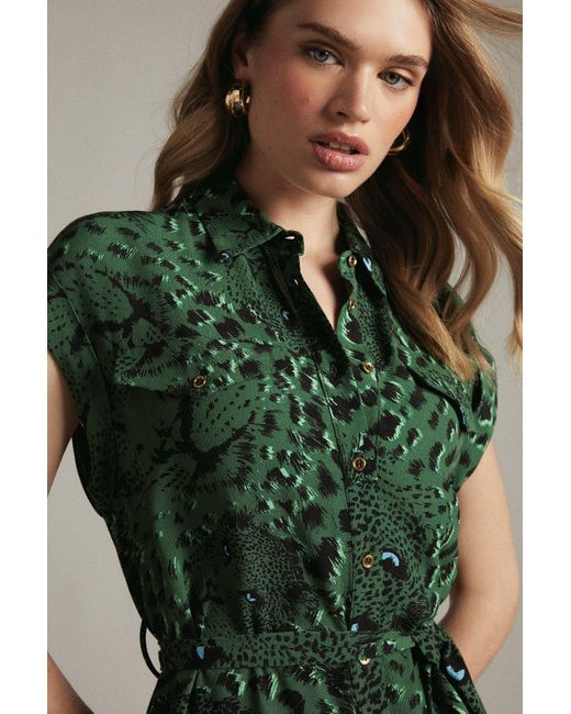 Karen Millen Green Conversational Leopard Woven Shirt Dress