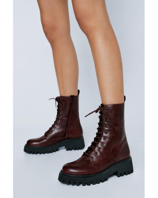 Nasty Gal Red Real Leather Chunky Lace Up Biker Boots