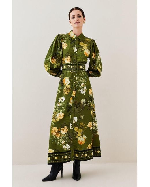 Karen Millen Green Lydia Millen Petite Floral Belted Woven Midi Shirt Dress