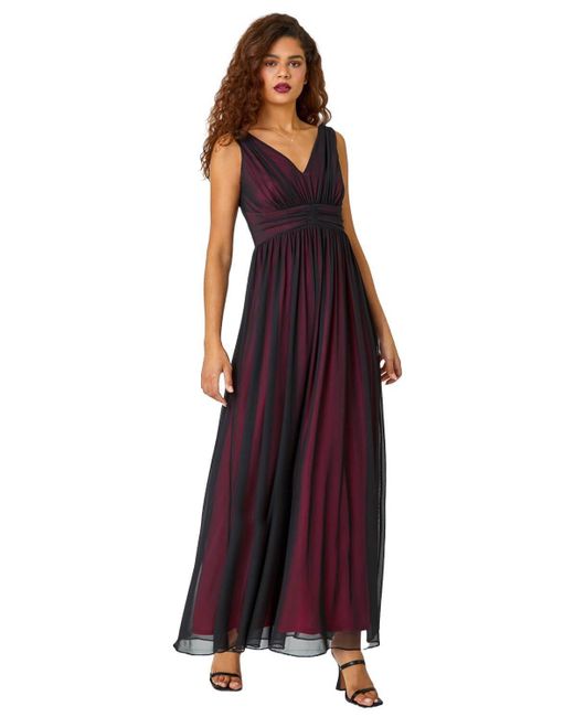 Roman Purple Sleeveless Contrast Mesh Maxi Stretch Dress