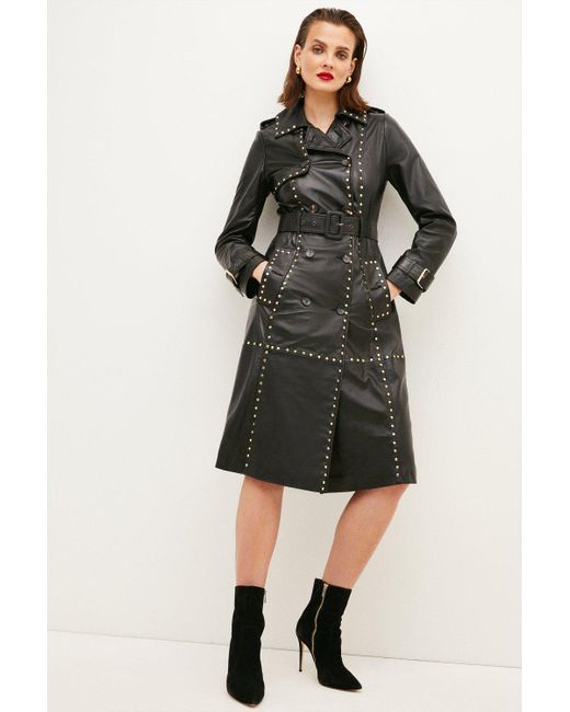 Karen Millen Black Leather Studded Trench Coat