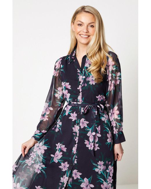 Wallis Blue Petite Floral Belted Shirt Midi Dress