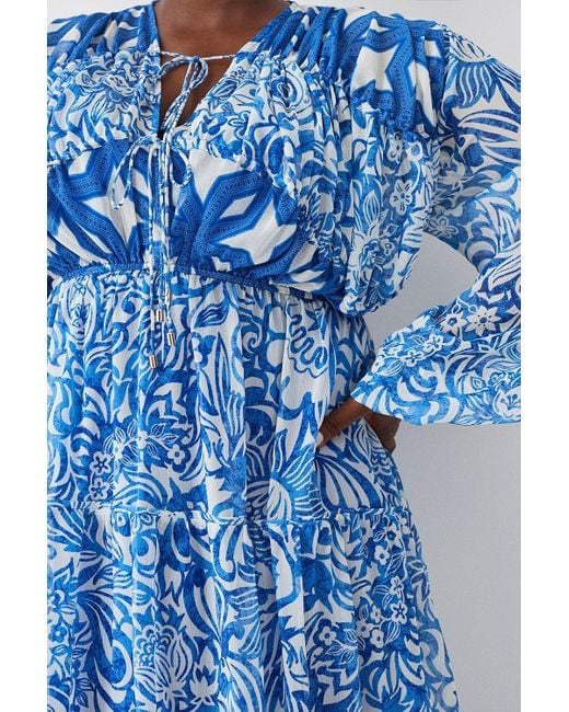 Karen Millen Blue Plus Size Floral Paisley Shirred Tiered Woven Maxi Dress