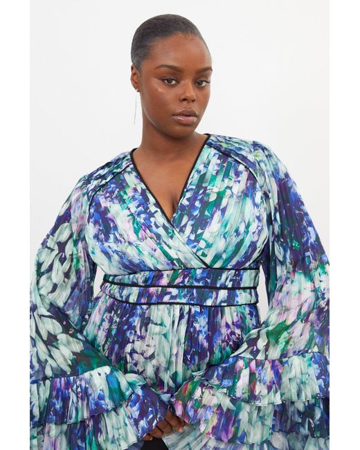 Karen Millen Blue Plus Size Floral Drama Kimono Woven Blouse