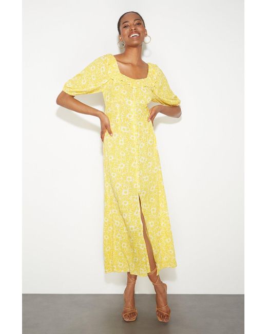 Dorothy Perkins Tall Yellow Floral Button Midi Dress