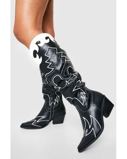 Boohoo Black Contrast Stitch Embroidered Western Cowboy Boots