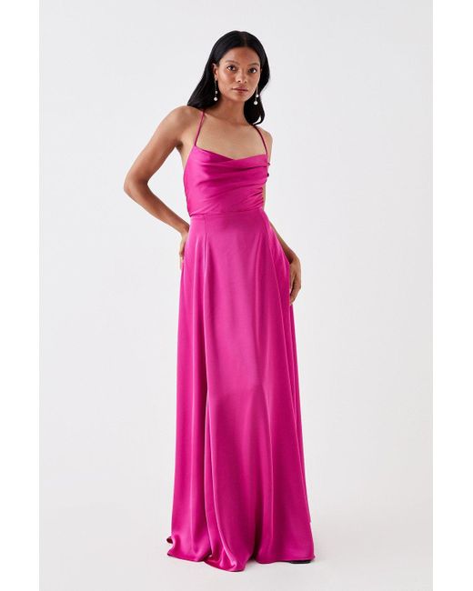 Coast Pink Petite Cowl Neck Satin Maxi Prom Dress With Strappy Back
