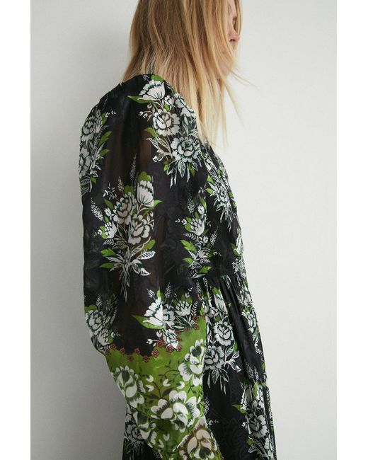 Warehouse Green Border Print Chiffon Jacquard Midi Dress