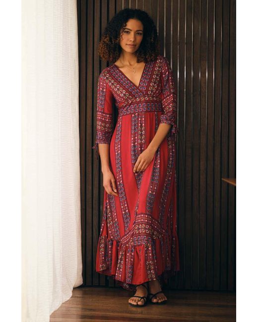Izabel London Red Boho Print 3/4 Sleeve Maxi Dress